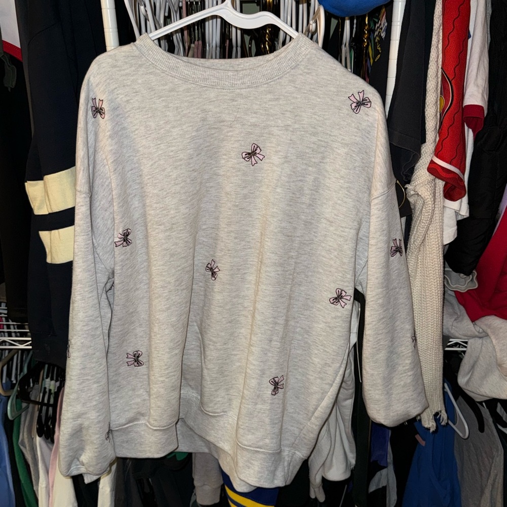 Gray Sweatshirt with Embroidered Bows